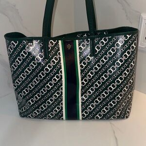 Tory Burch Patterned Tote in Green and Black